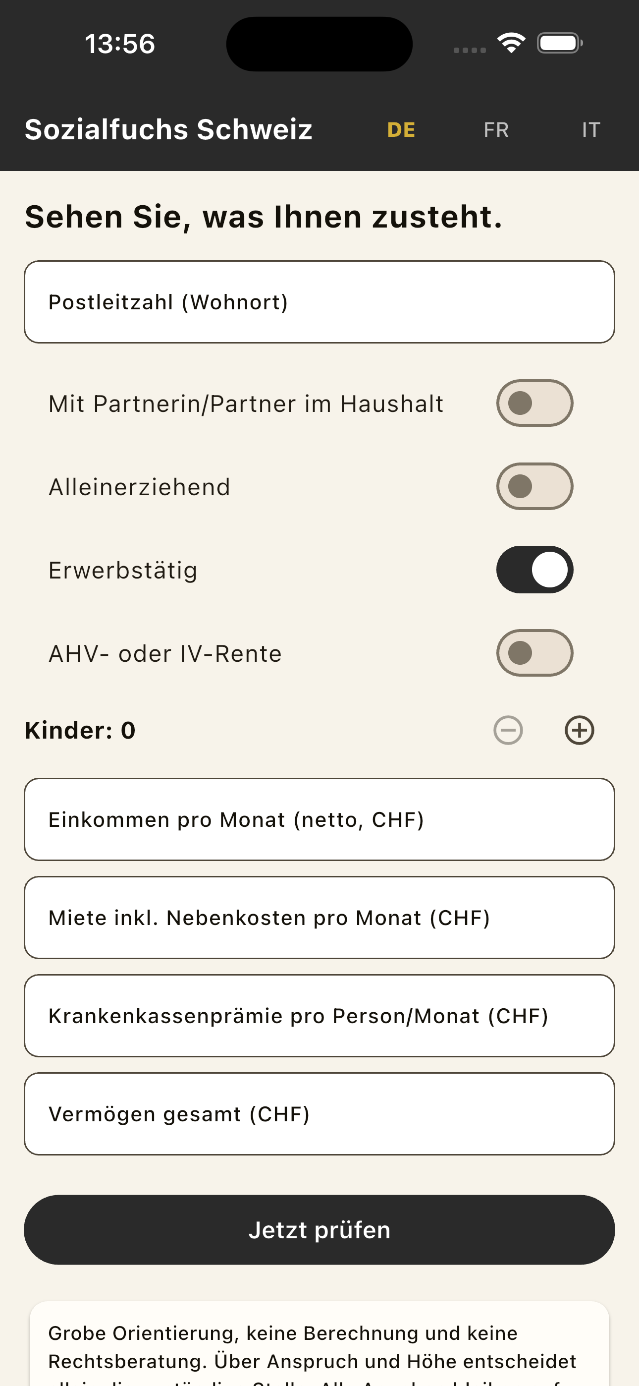 Startbildschirm der Sozialfuchs-App Schweiz